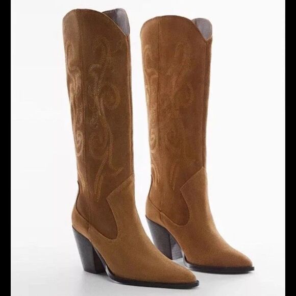 Mango Woman's Leather Suede Cowboy Western Boots Embroidery Camel sz 42EU/12US - Picture 14 of 14